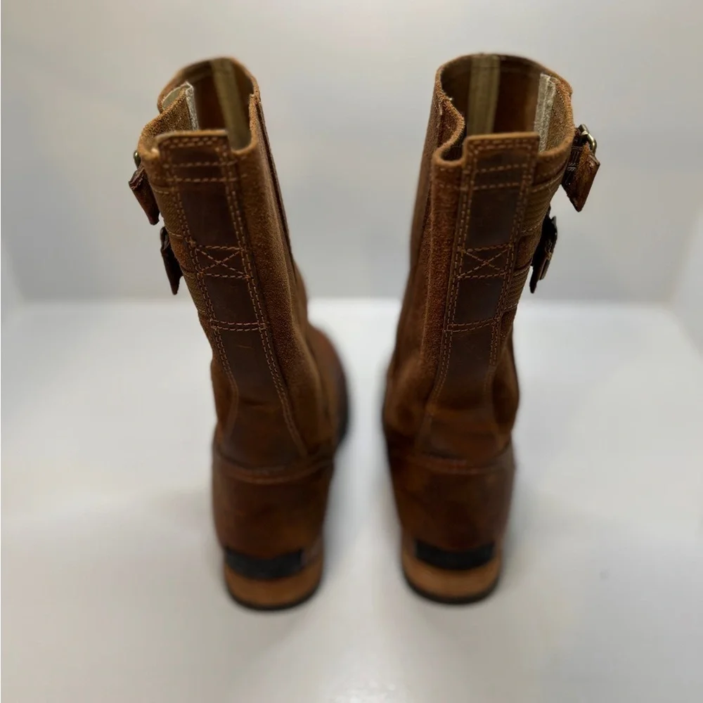 Sorel Major Pull On Mid-Calf Boots Womens 6.5 Brown Leather Moto Buckle Riding